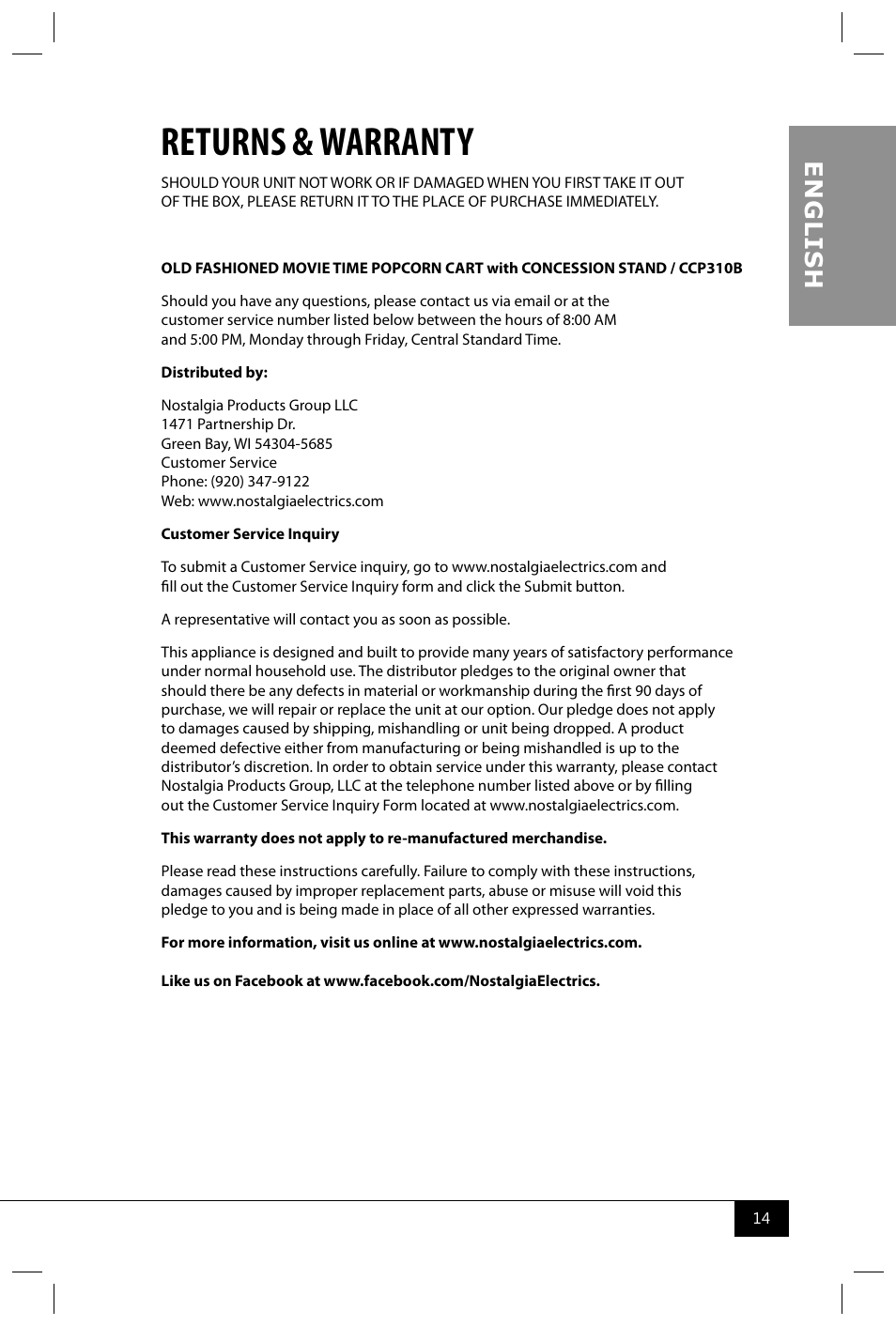 Returns & warranty, En g li s h | Nostalgia Electrics CCP310B User Manual | Page 16 / 17