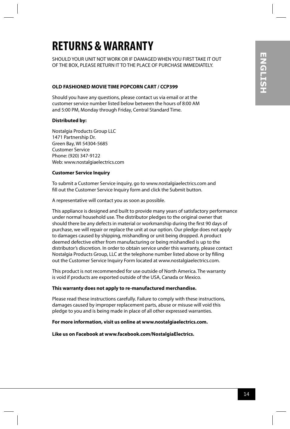Returns & warranty, En g li s h | Nostalgia Electrics CCP399 User Manual | Page 16 / 42