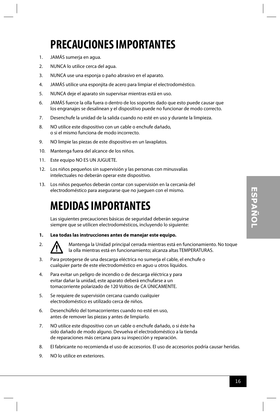 Precauciones importantes, Medidas importantes | Nostalgia Electrics CCP399 User Manual | Page 18 / 42