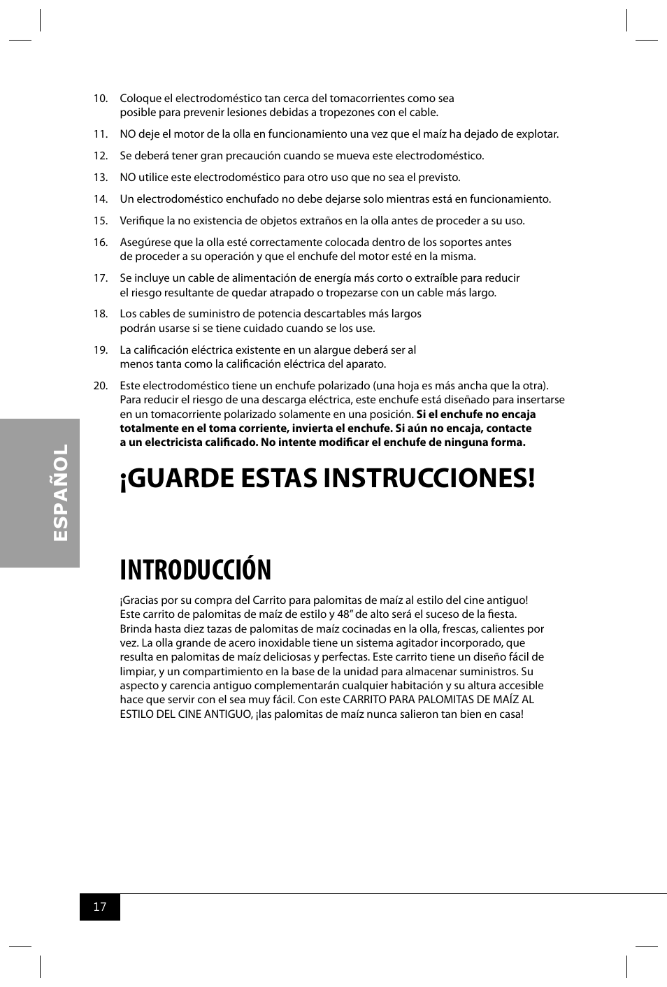 Introducción, Guarde estas instrucciones | Nostalgia Electrics CCP399 User Manual | Page 19 / 42