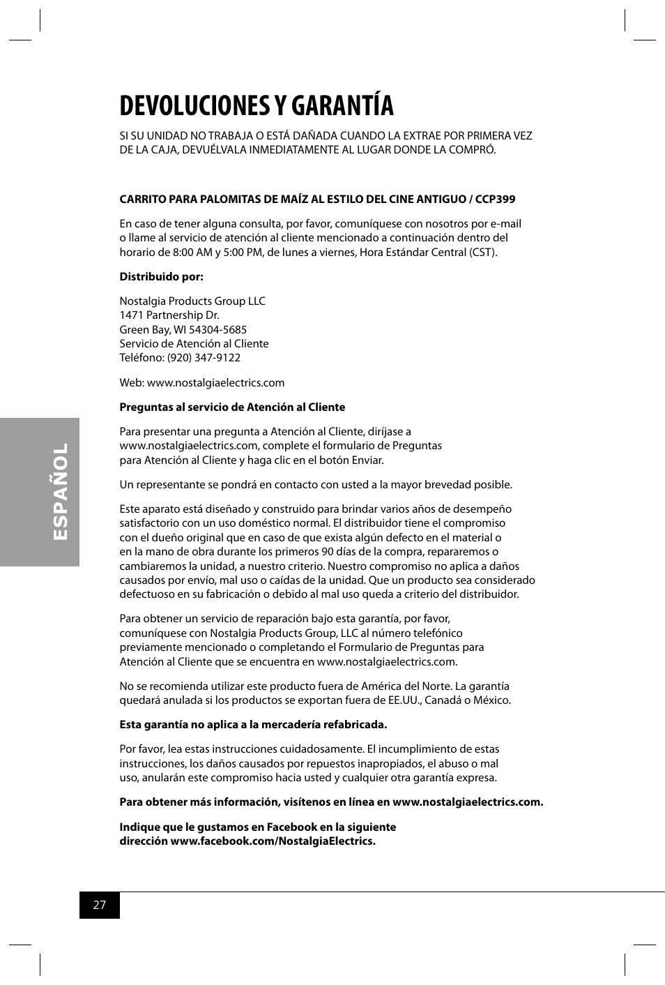 Devoluciones y garantía | Nostalgia Electrics CCP399 User Manual | Page 29 / 42