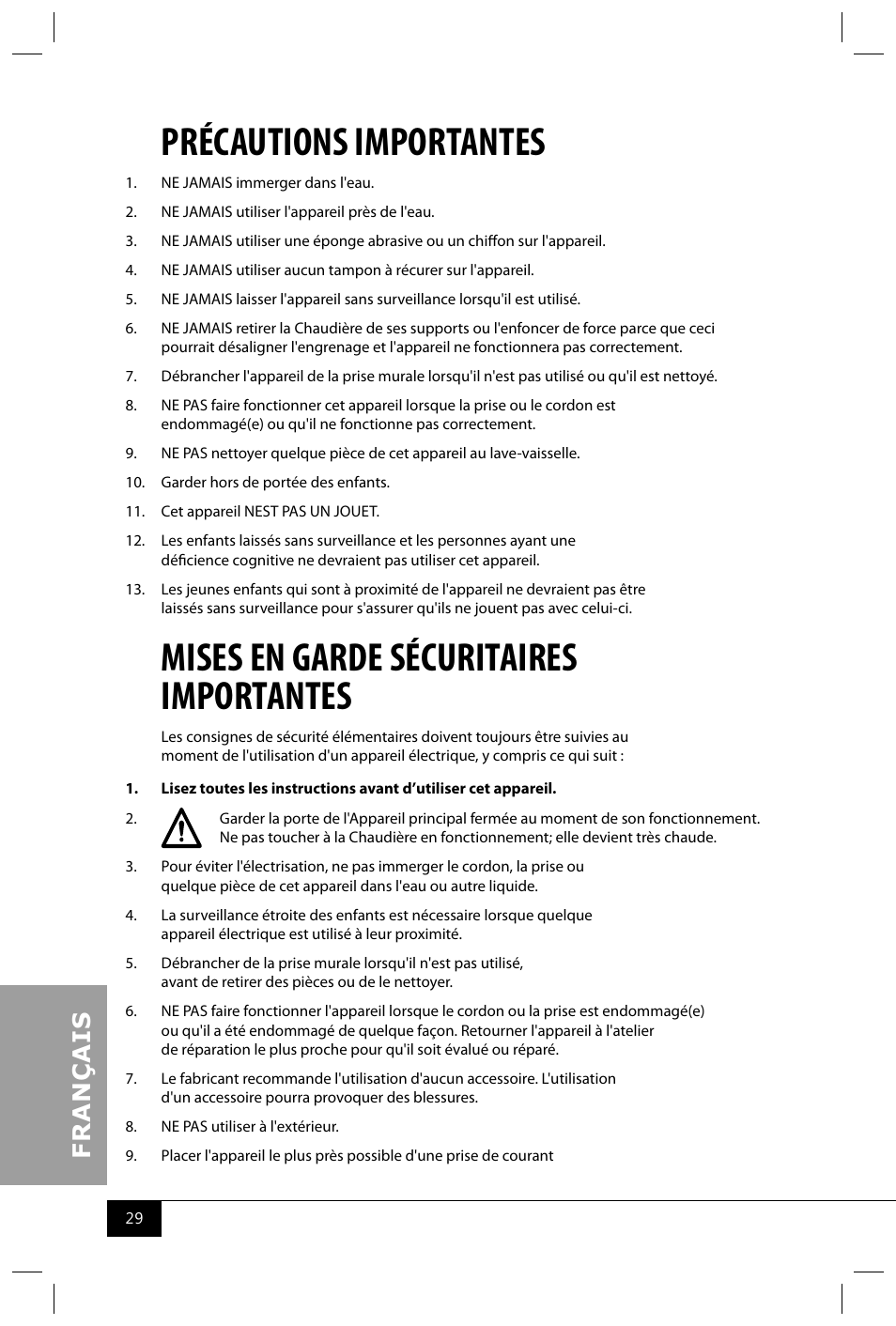 Précautions importantes, Mises en garde sécuritaires importantes | Nostalgia Electrics CCP399 User Manual | Page 31 / 42