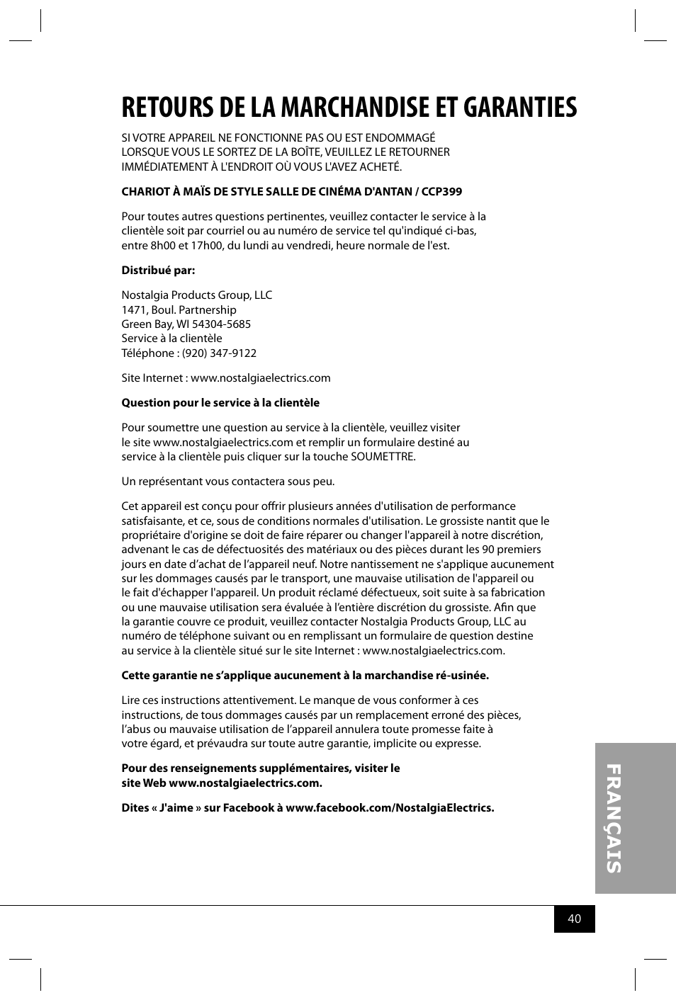 Retours de la marchandise et garanties | Nostalgia Electrics CCP399 User Manual | Page 42 / 42