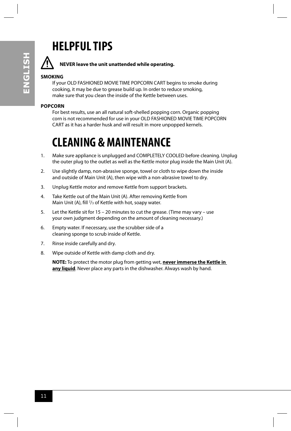 Helpful tips, Cleaning & maintenance, En g li s h | Nostalgia Electrics CCP400 User Manual | Page 13 / 42