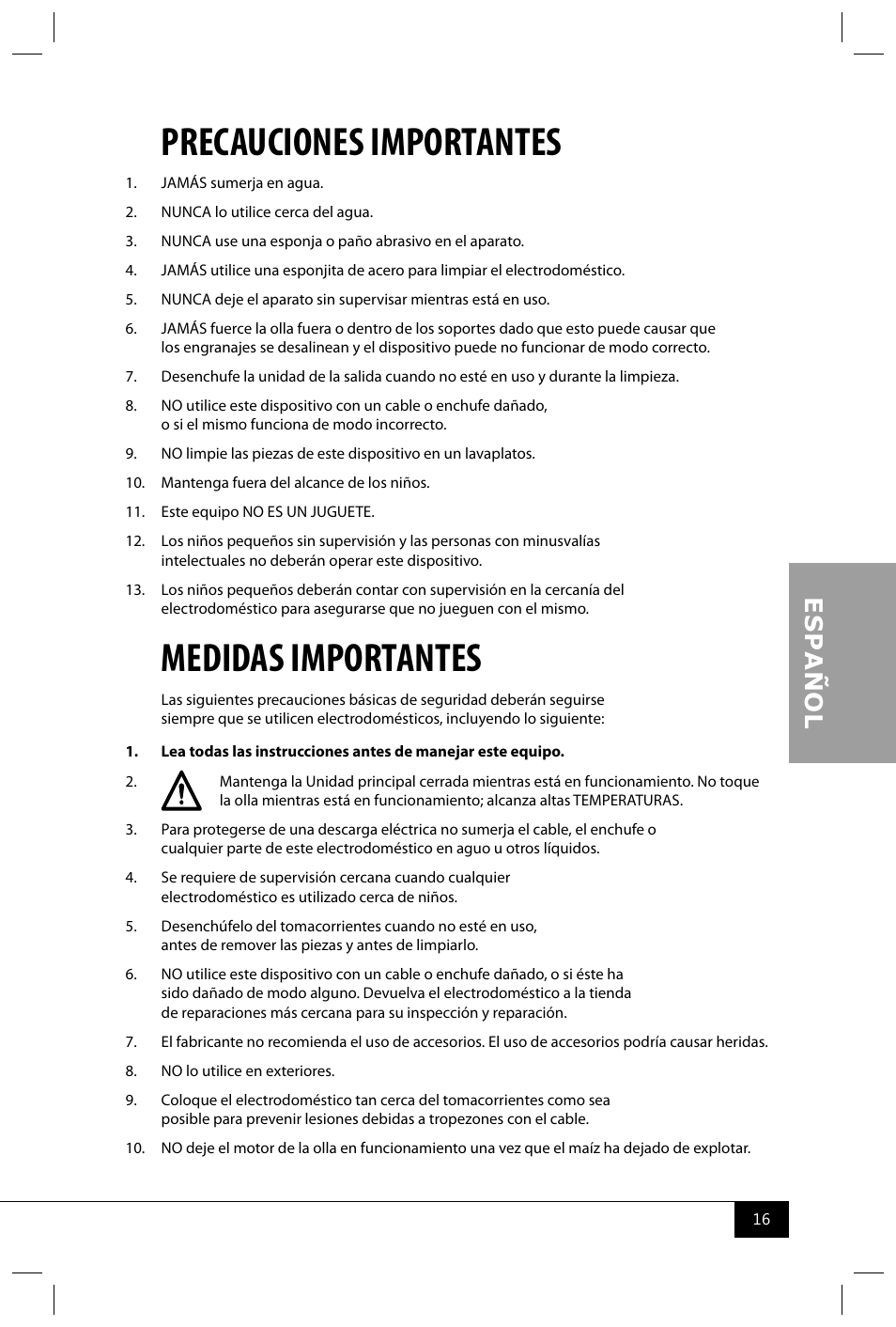 Precauciones importantes, Medidas importantes | Nostalgia Electrics CCP400 User Manual | Page 18 / 42