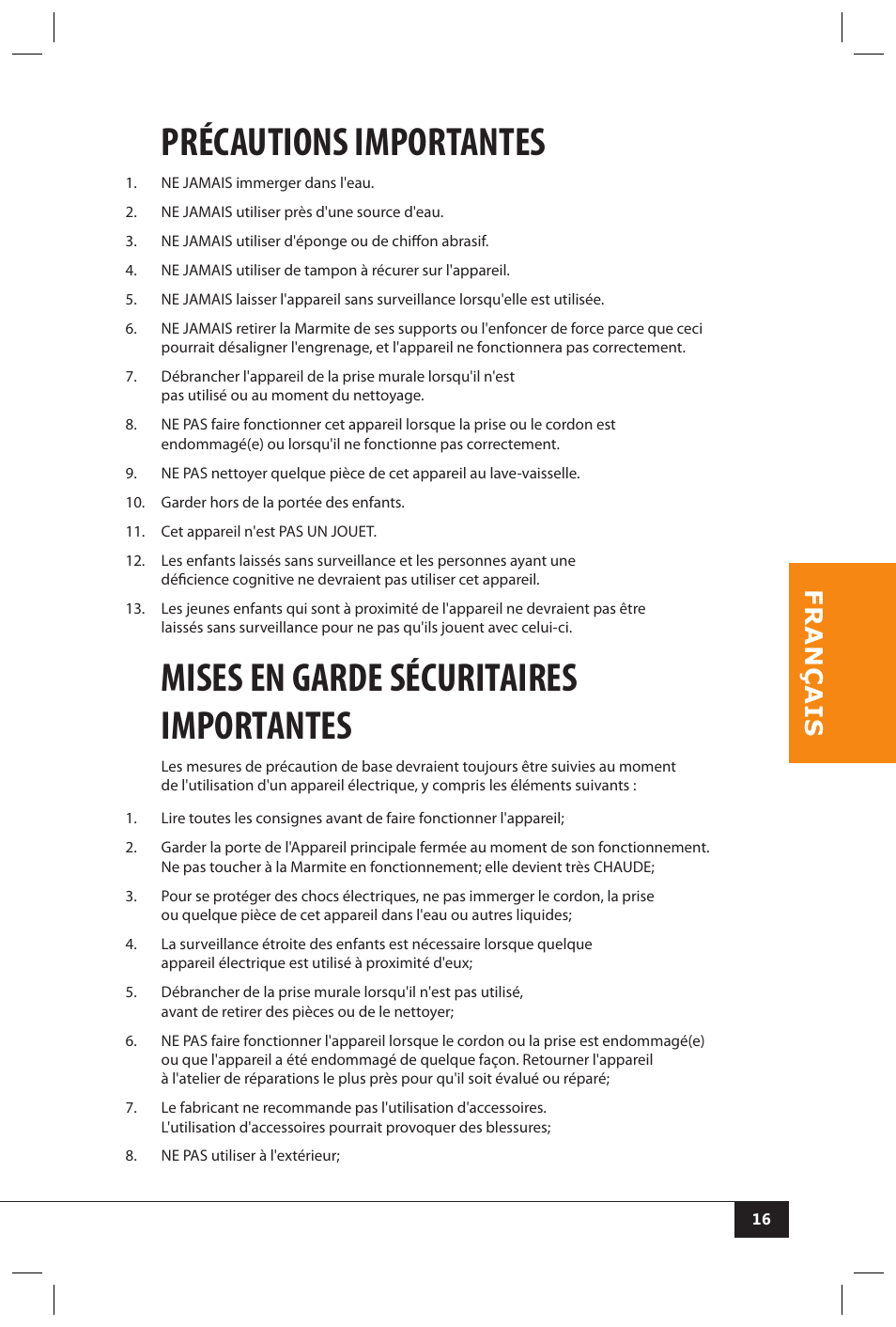 Précautions importantes, Mises en garde sécuritaires importantes | Nostalgia Electrics CCP510 User Manual | Page 18 / 44