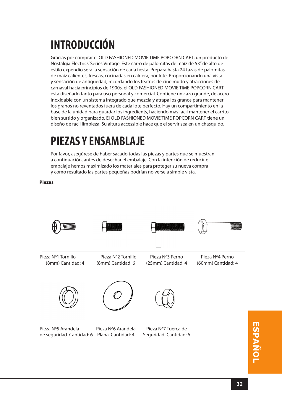 Introducción, Piezas y ensamblaje | Nostalgia Electrics CCP510 User Manual | Page 34 / 44