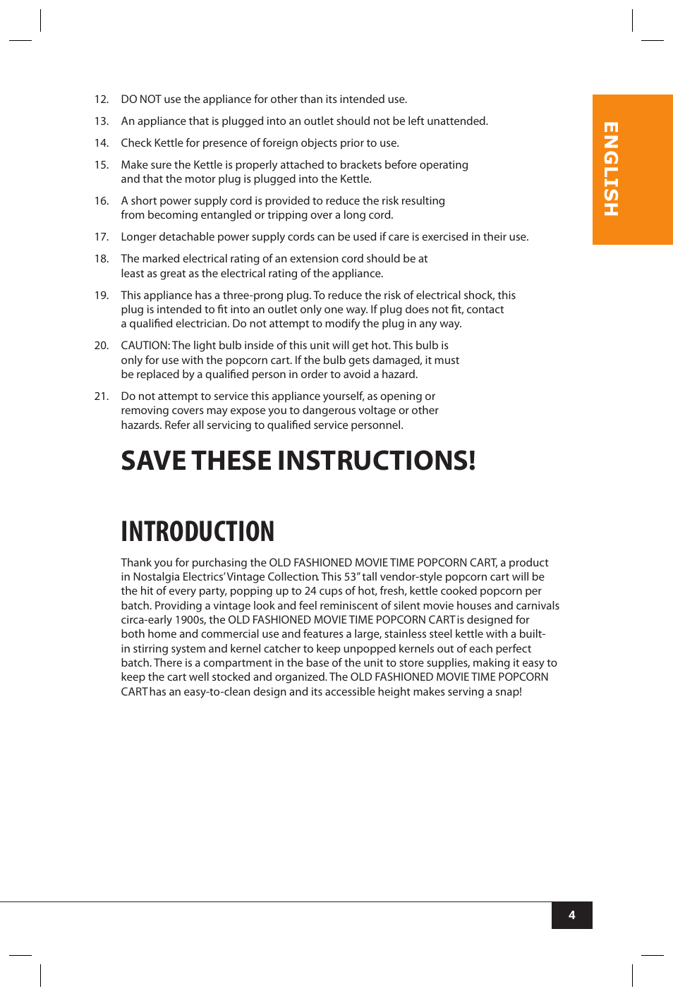 Introduction, Save these instructions, En g li s h | Nostalgia Electrics CCP510 User Manual | Page 6 / 44