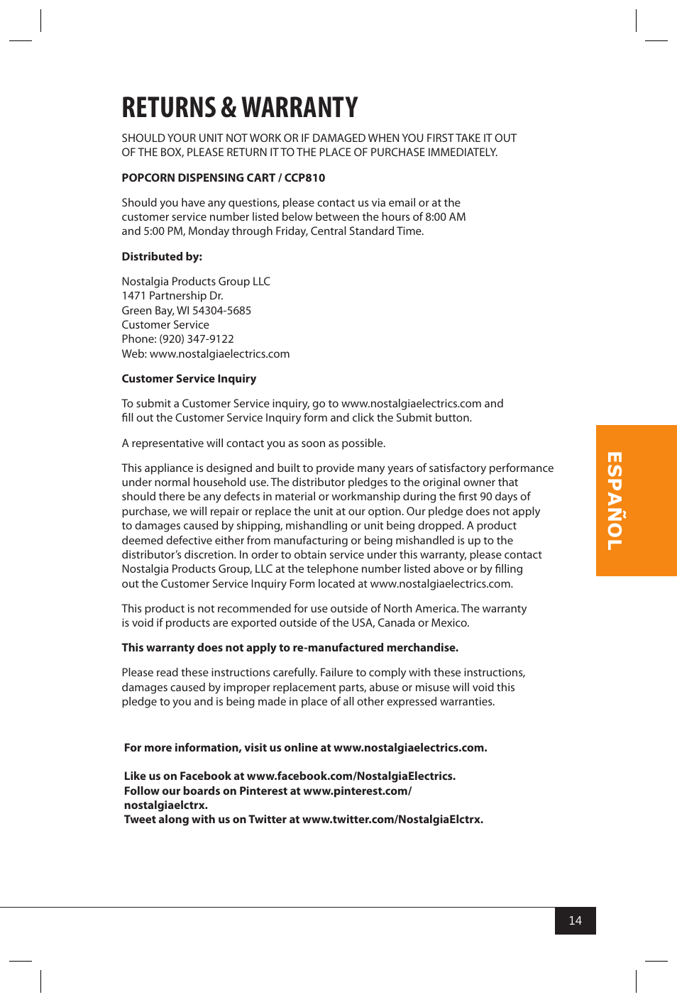 Returns & warranty | Nostalgia Electrics CCP810 User Manual | Page 16 / 40