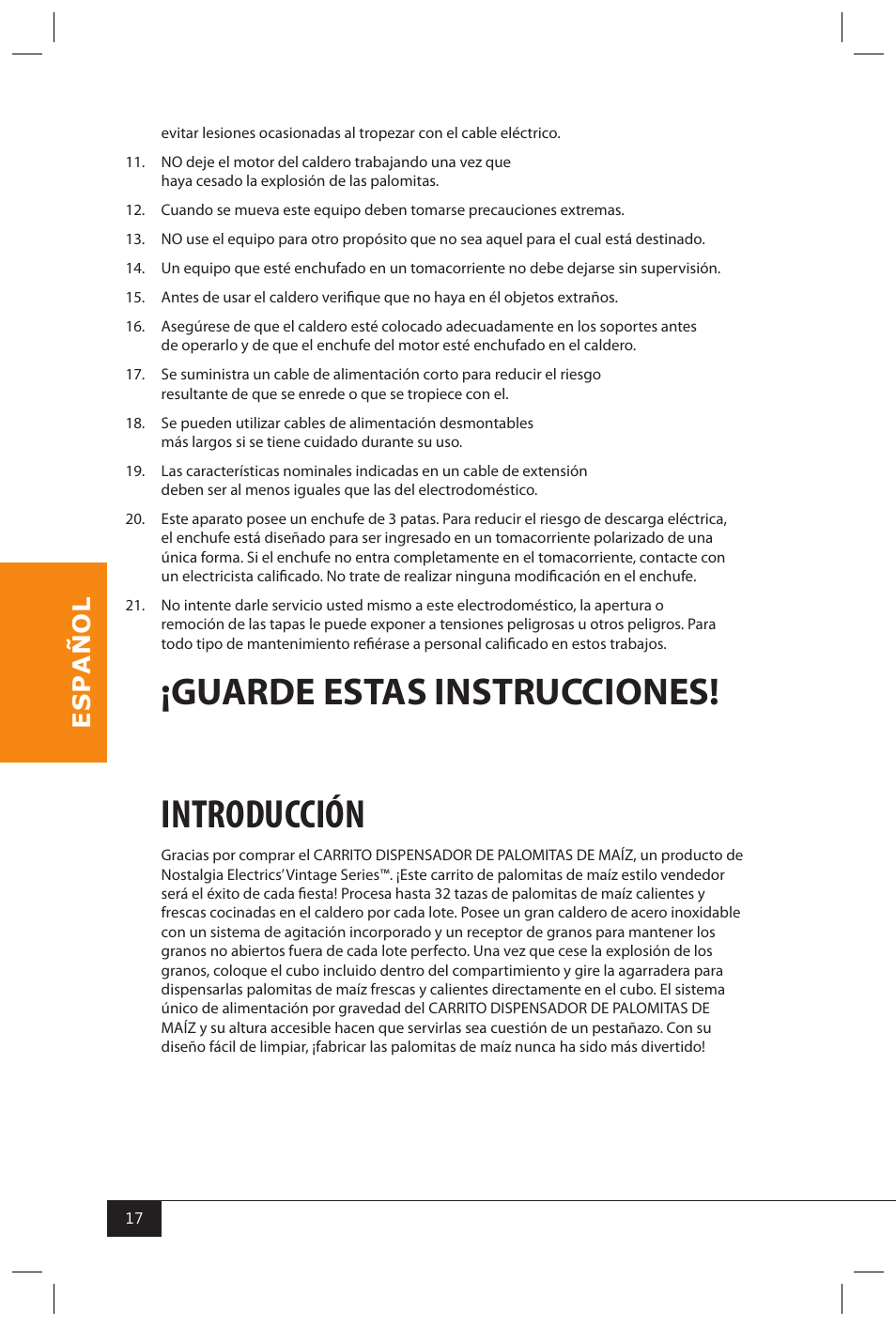 Introducción, Guarde estas instrucciones | Nostalgia Electrics CCP810 User Manual | Page 19 / 40