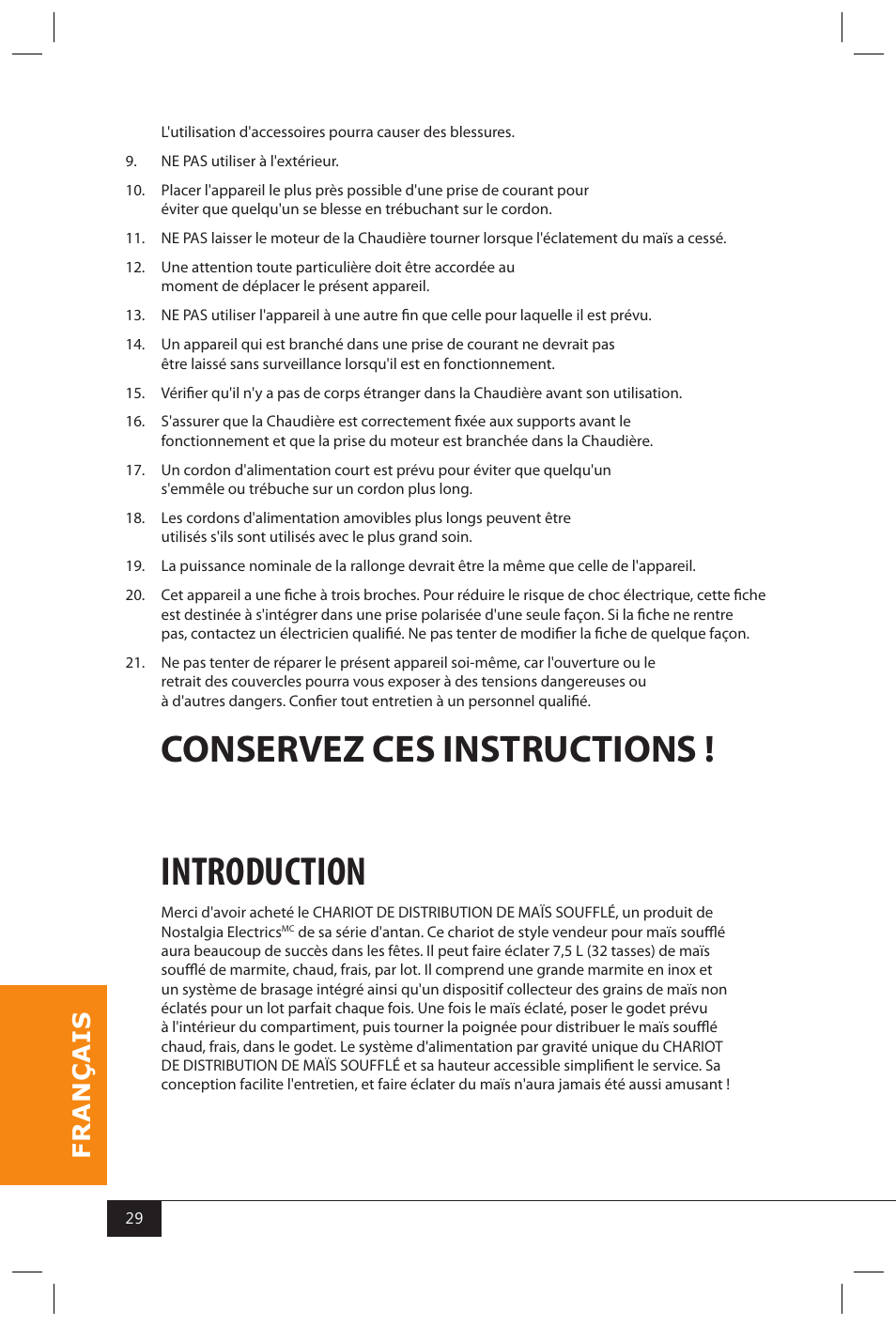 Introduction, Conservez ces instructions | Nostalgia Electrics CCP810 User Manual | Page 31 / 40