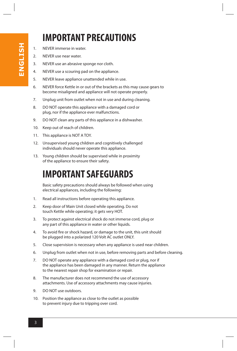 Important precautions, Important safeguards, En g li s h | Nostalgia Electrics CCP810 User Manual | Page 5 / 40