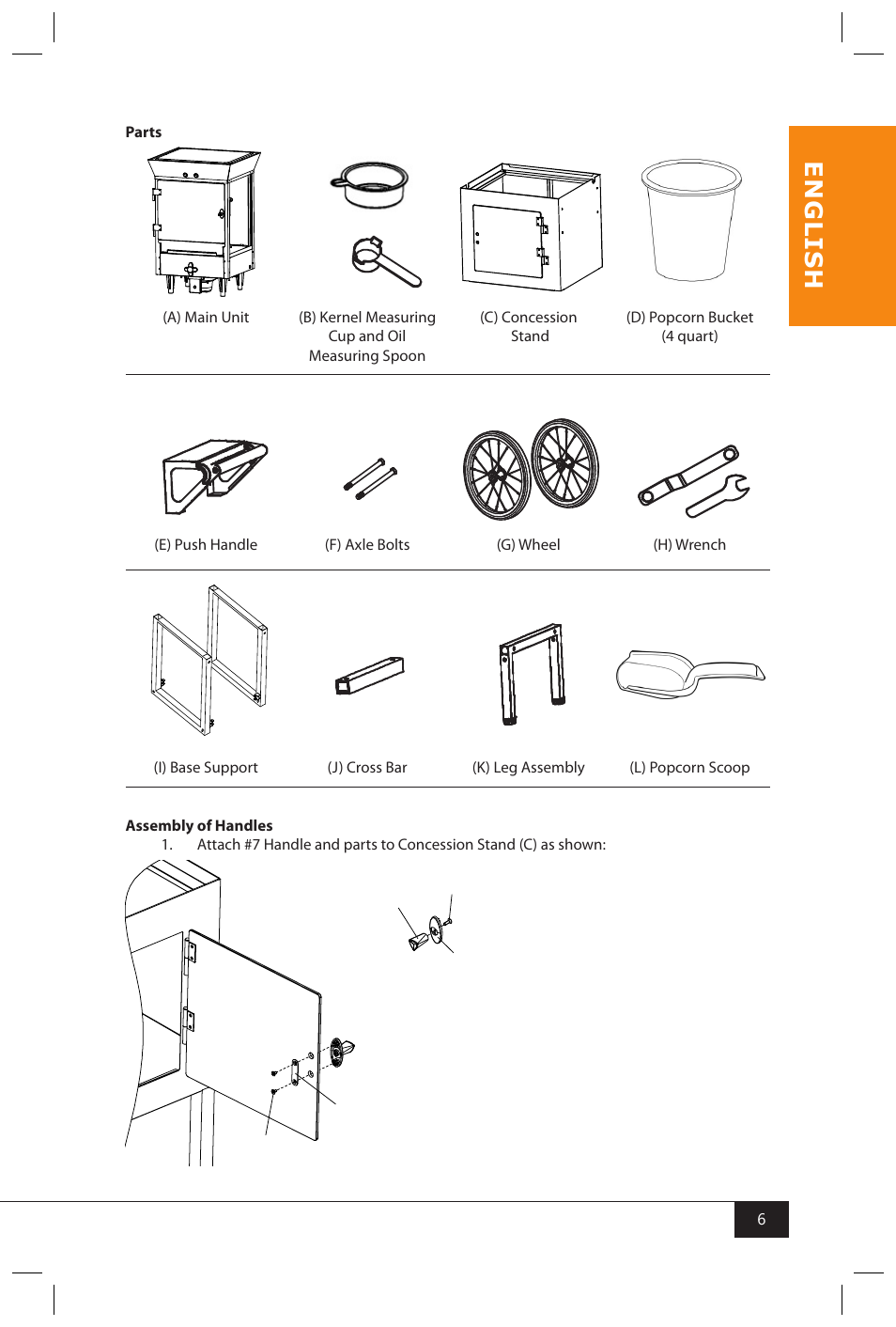 En g li s h, Assembly of handles | Nostalgia Electrics CCP810 User Manual | Page 8 / 40
