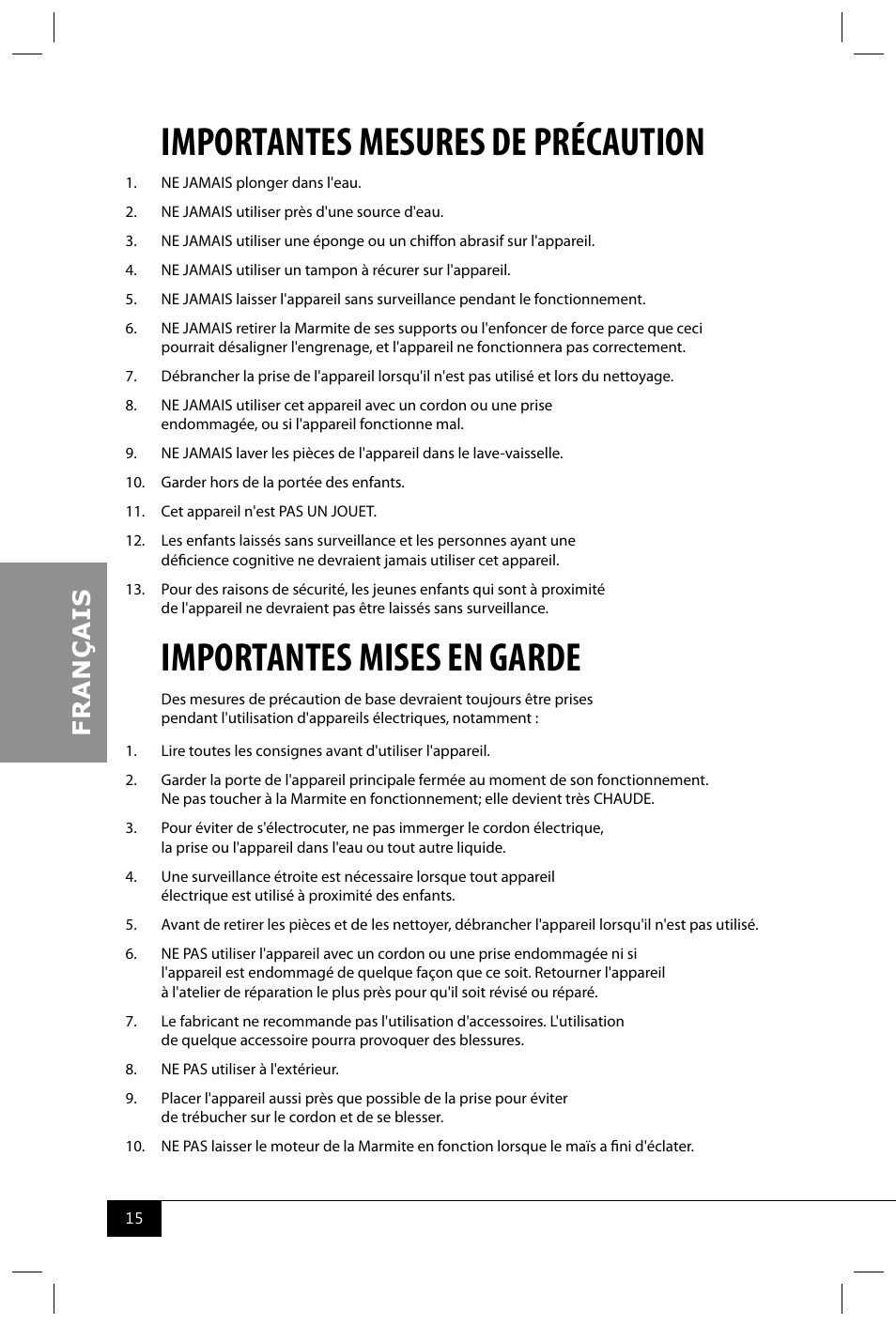 Importantes mesures de précaution, Importantes mises en garde | Nostalgia Electrics CCP610 User Manual | Page 17 / 40