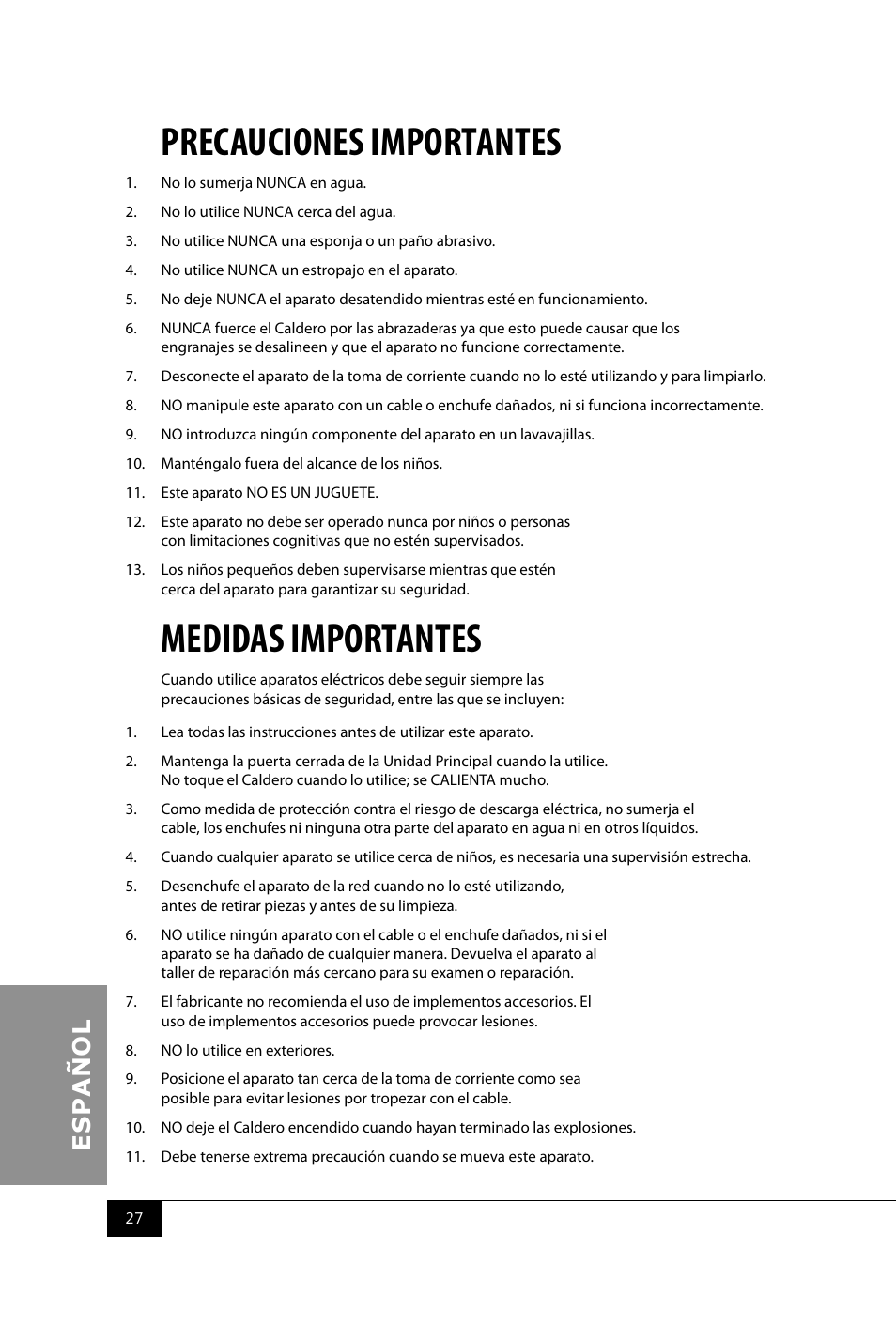 Precauciones importantes, Medidas importantes | Nostalgia Electrics CCP610 User Manual | Page 29 / 40