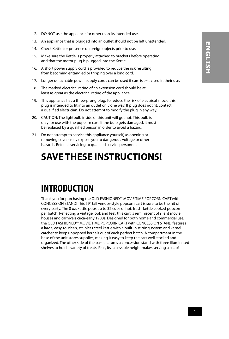 Introduction, Save these instructions, En g li s h | Nostalgia Electrics CCP610 User Manual | Page 6 / 40