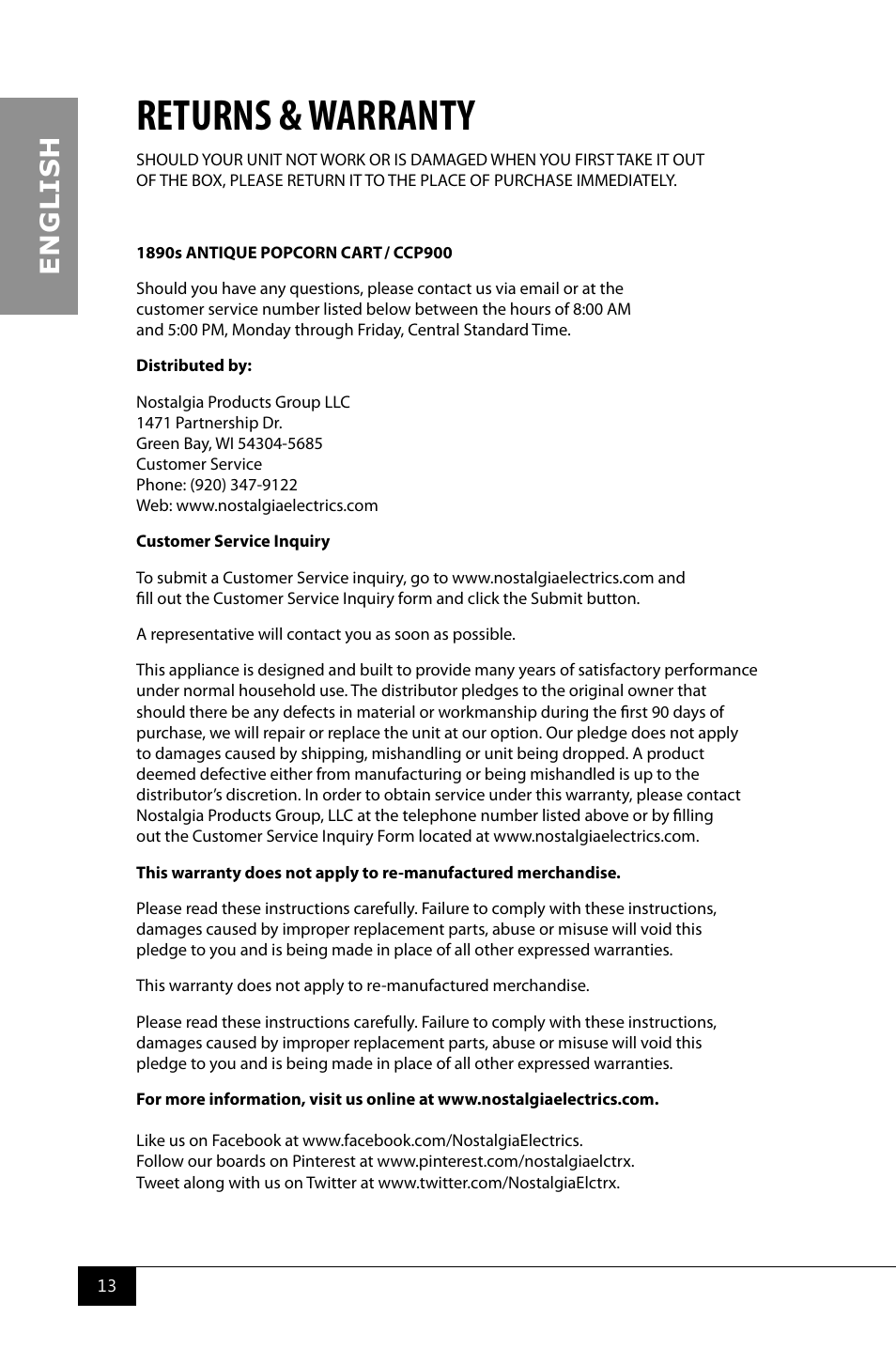 Returns & warranty, En g li s h | Nostalgia Electrics CCP900 User Manual | Page 15 / 16