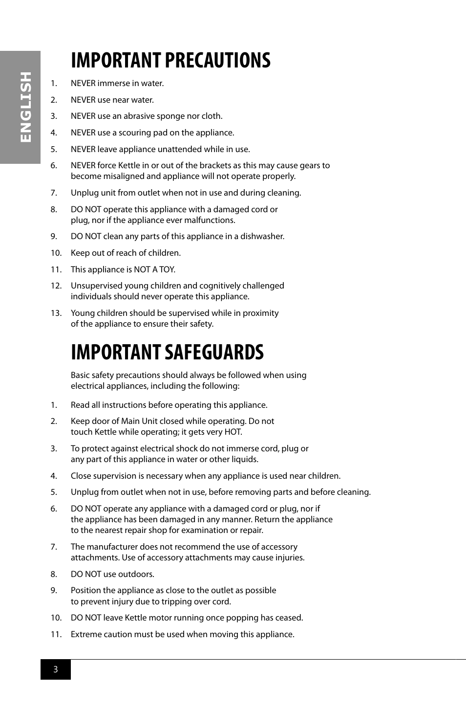 Important precautions, Important safeguards, En g li s h | Nostalgia Electrics CCP900 User Manual | Page 5 / 16