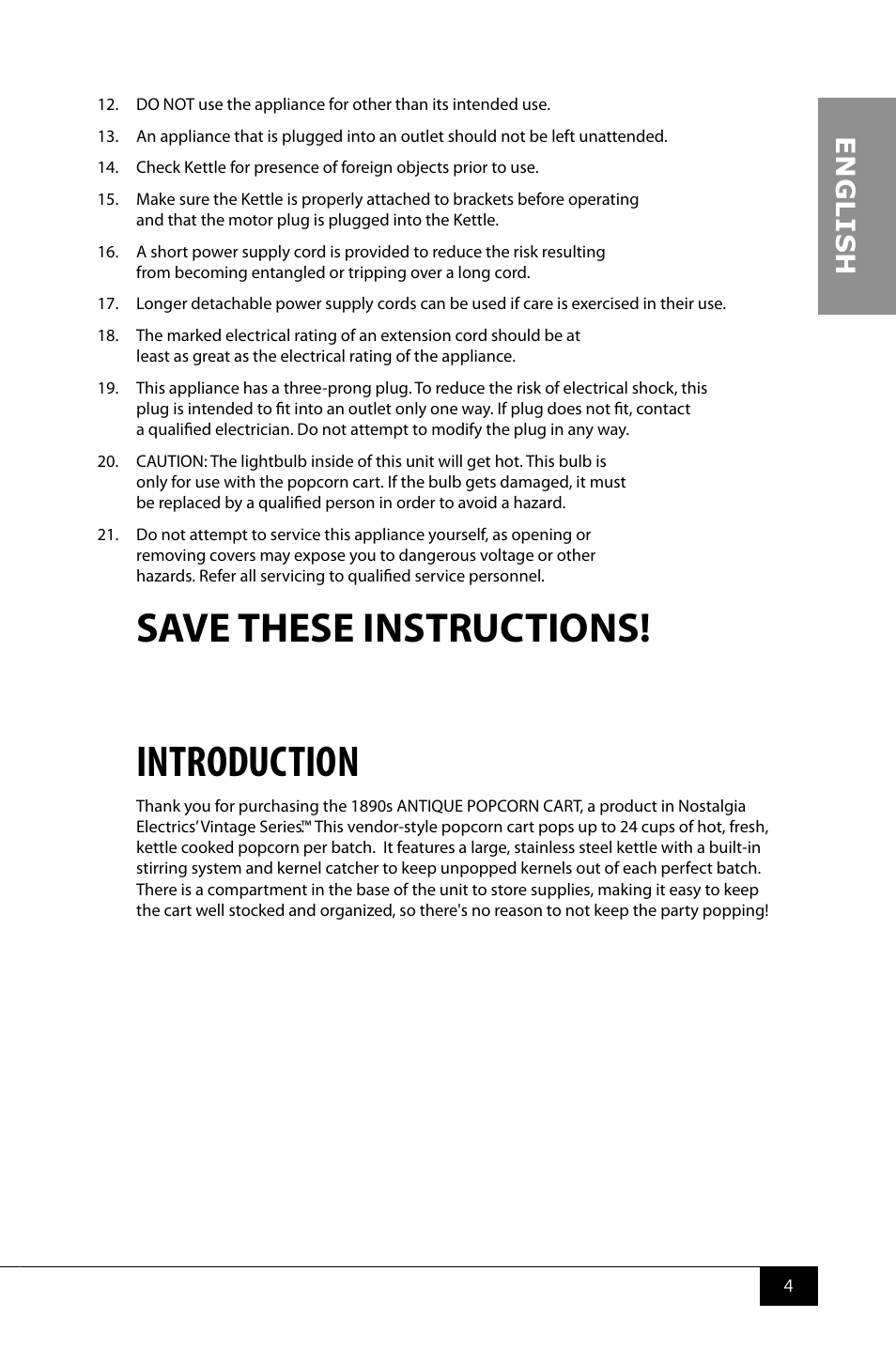 Introduction, Save these instructions, En g li s h | Nostalgia Electrics CCP900 User Manual | Page 6 / 16