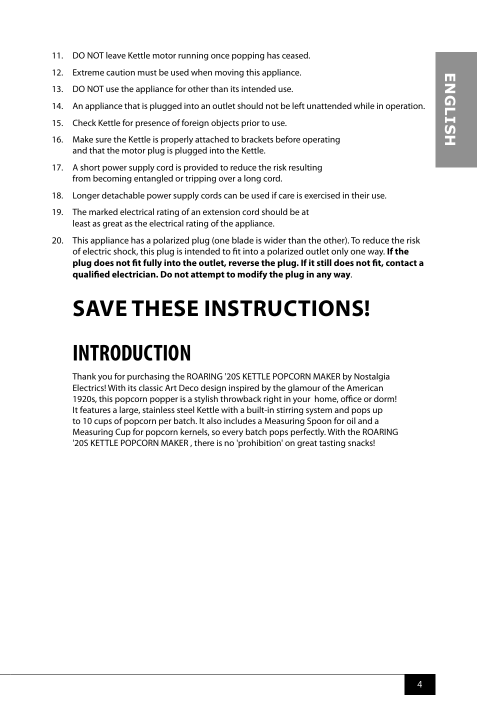 Save these instructions! introduction, En g li s h | Nostalgia Electrics GKP250 User Manual | Page 6 / 12