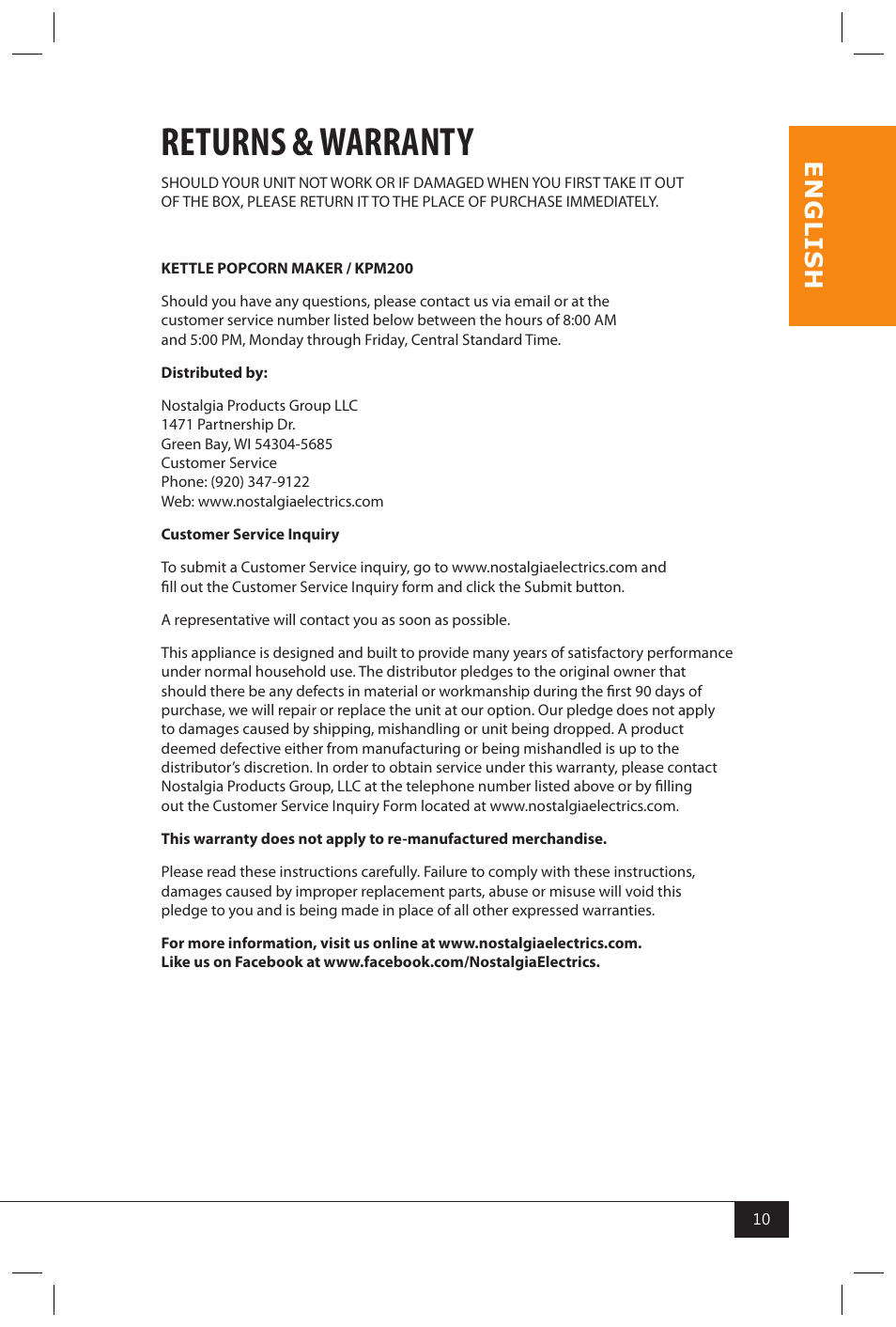 Returns & warranty, En g li s h | Nostalgia Electrics KPM200 User Manual | Page 12 / 32