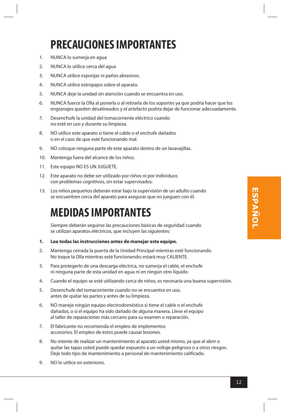 Precauciones importantes, Medidas importantes | Nostalgia Electrics KPM200 User Manual | Page 14 / 32