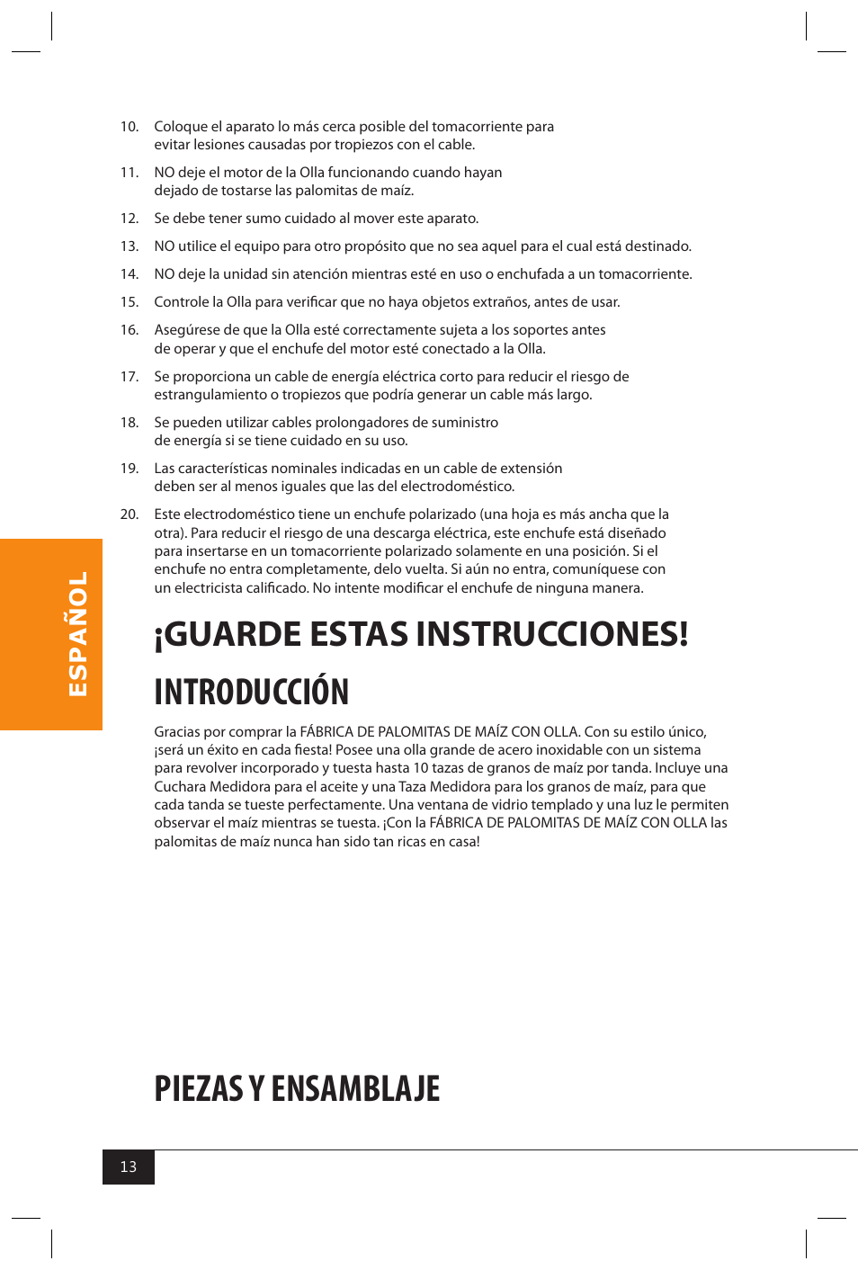 Introducción, Piezas y ensamblaje, Guarde estas instrucciones | Nostalgia Electrics KPM200 User Manual | Page 15 / 32