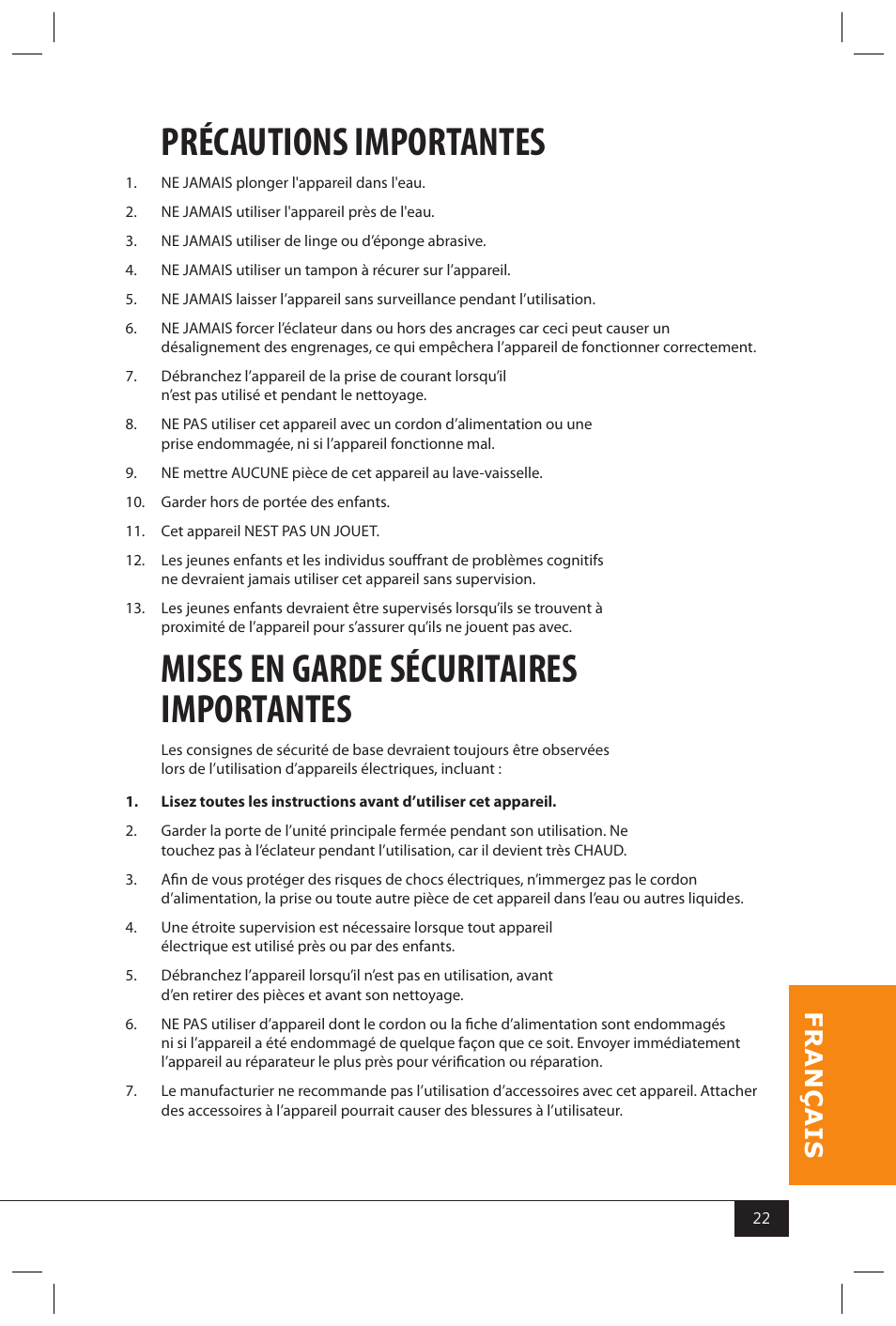 Précautions importantes, Mises en garde sécuritaires importantes | Nostalgia Electrics KPM200 User Manual | Page 24 / 32