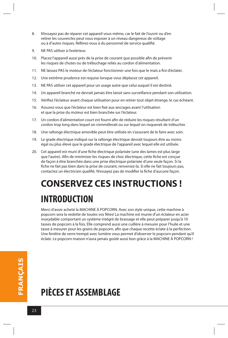 Introduction, Pièces et assemblage, Conservez ces instructions | Nostalgia Electrics KPM200 User Manual | Page 25 / 32