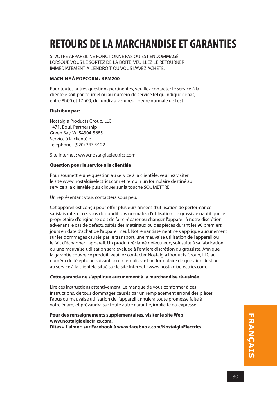 Retours de la marchandise et garanties | Nostalgia Electrics KPM200 User Manual | Page 32 / 32