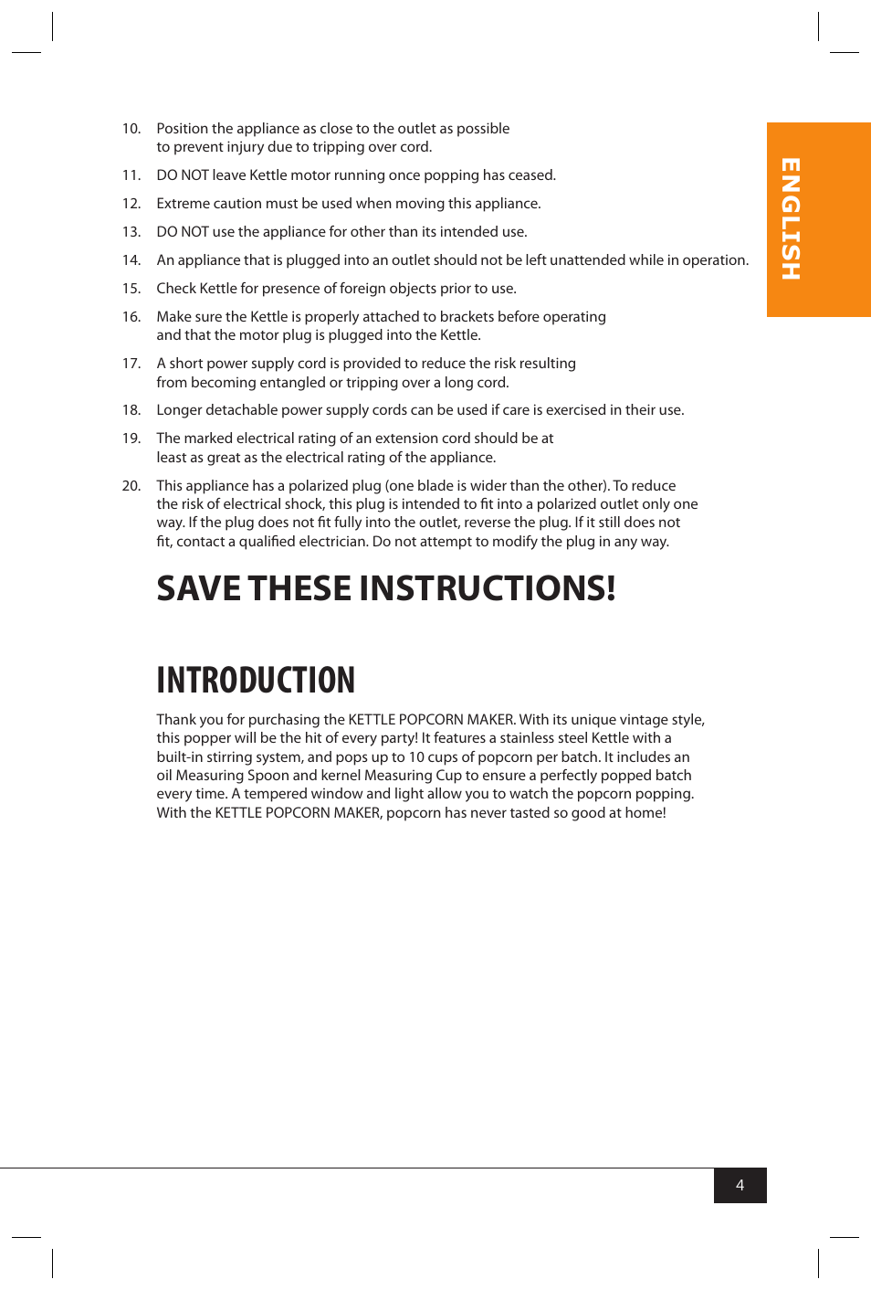 Introduction, Save these instructions, En g li s h | Nostalgia Electrics KPM200 User Manual | Page 6 / 32
