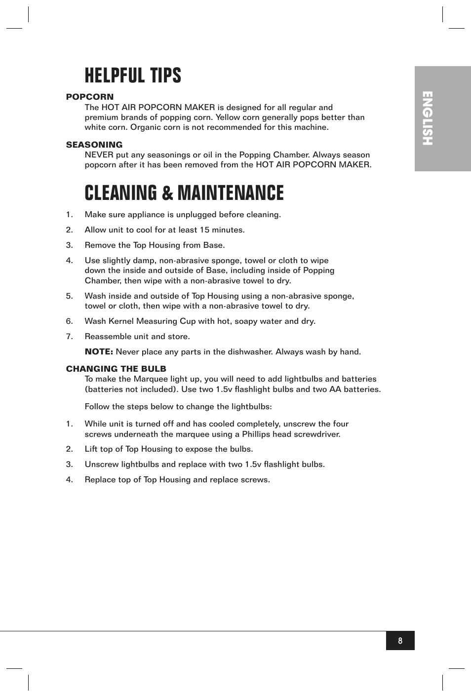 Helpful tips, Cleaning & maintenance, English | Nostalgia Electrics HHP100 User Manual | Page 10 / 14