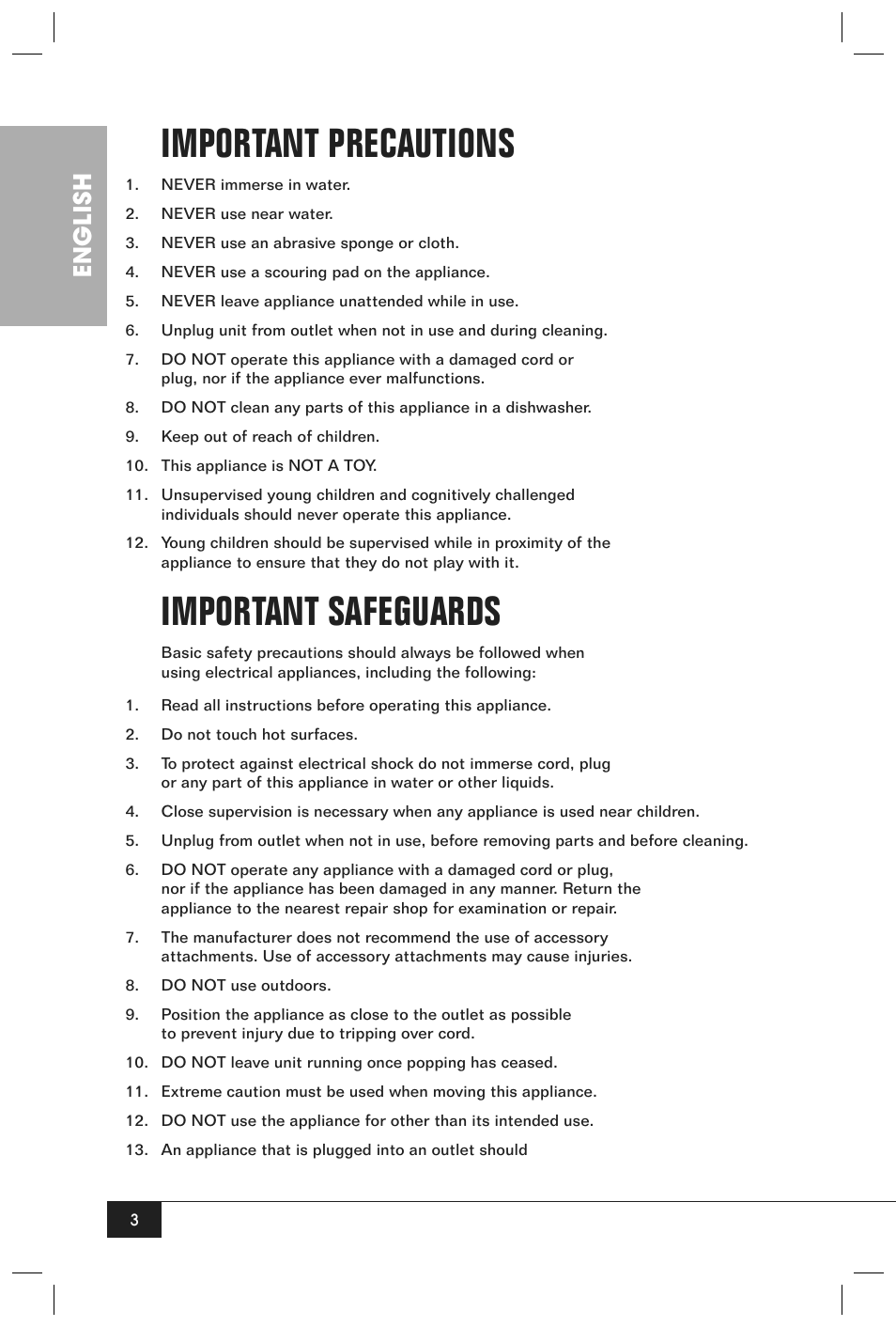 Important precautions, Important safeguards, English | Nostalgia Electrics HHP100 User Manual | Page 5 / 14