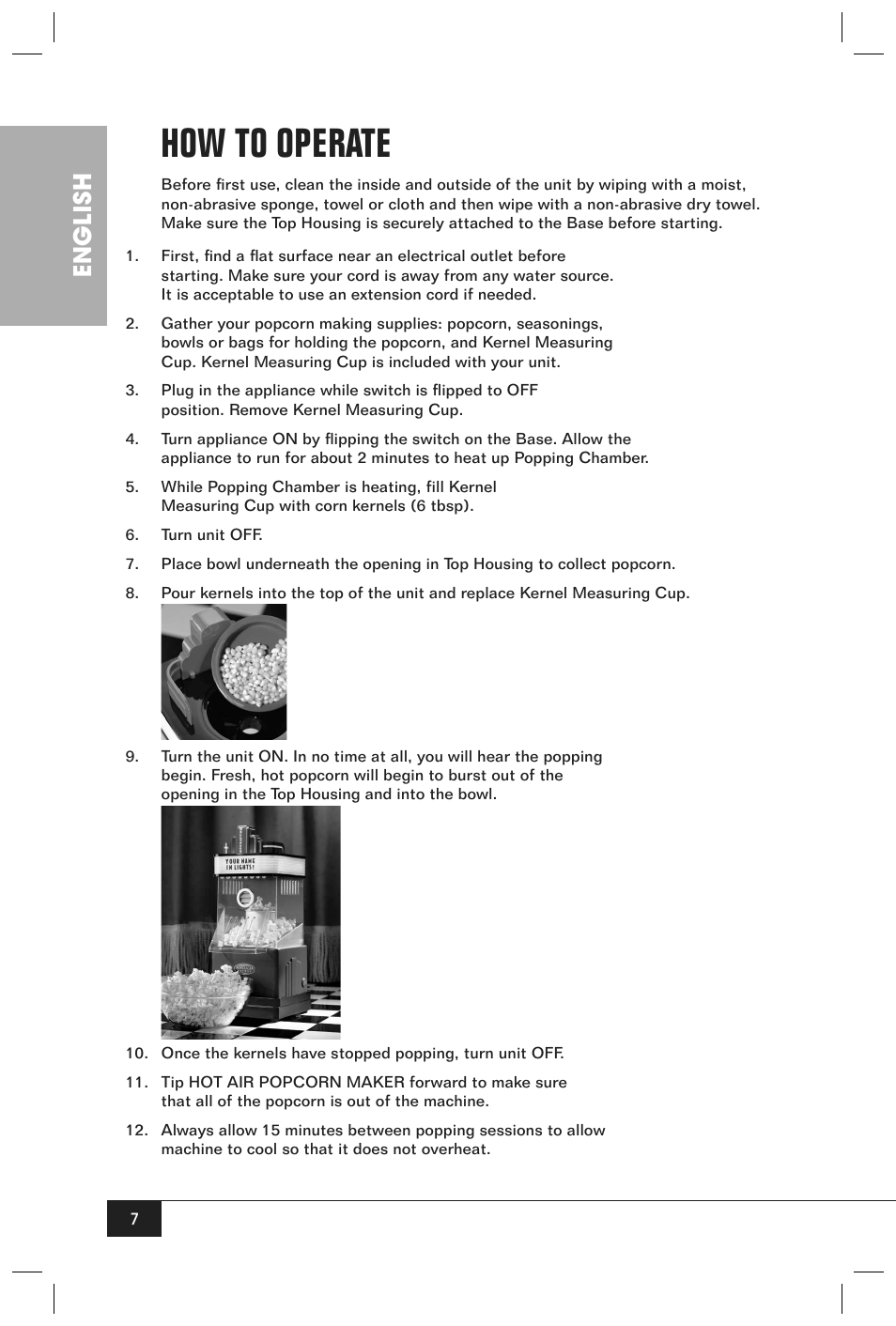 How to operate, English | Nostalgia Electrics HHP100 User Manual | Page 9 / 14