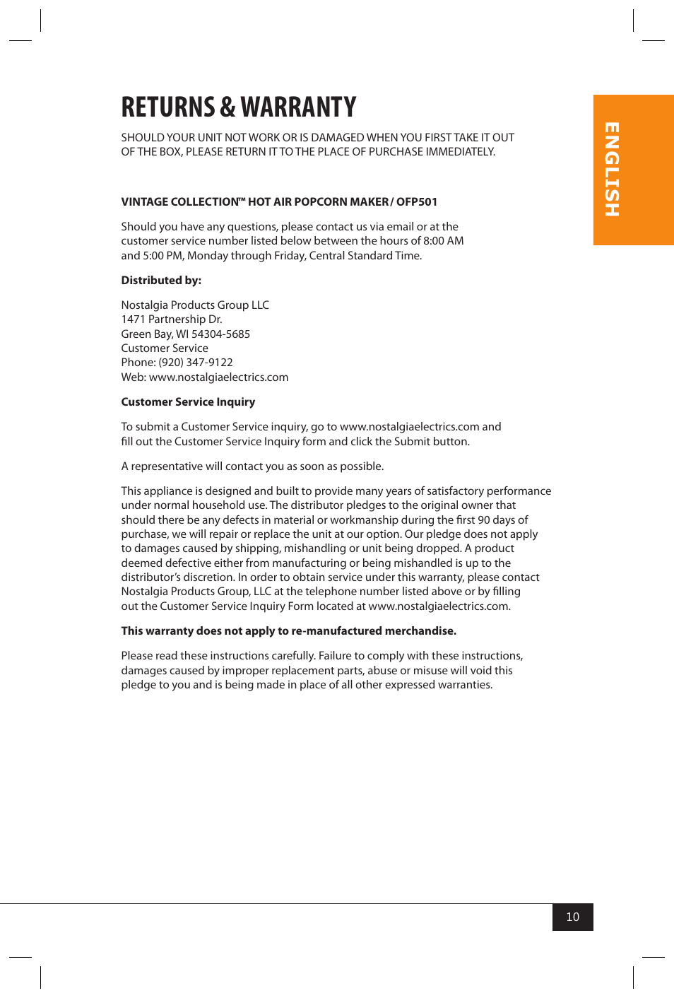Returns & warranty, En g li s h | Nostalgia Electrics OFP501 User Manual | Page 12 / 12