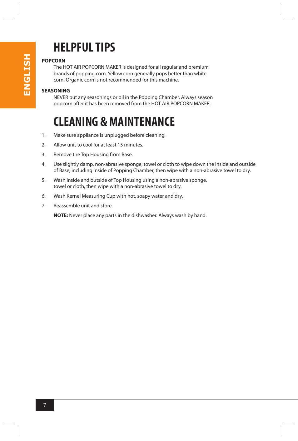 Helpful tips, Cleaning & maintenance, En g li s h | Nostalgia Electrics OFP501 User Manual | Page 9 / 12