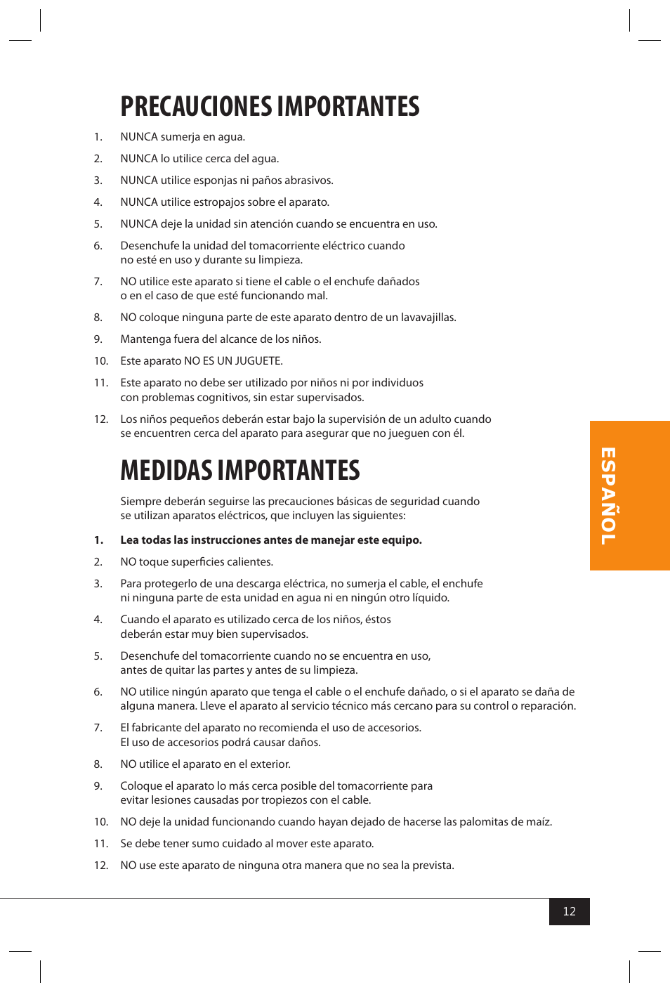 Precauciones importantes, Medidas importantes | Nostalgia Electrics MHP310 KIT User Manual | Page 14 / 30