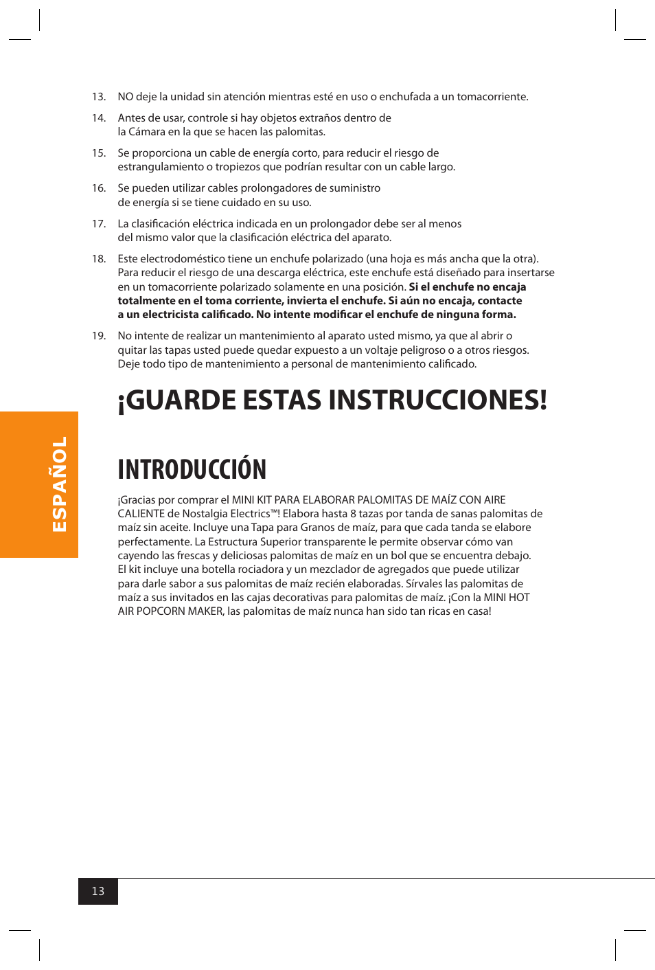 Guarde estas instrucciones! introducción | Nostalgia Electrics MHP310 KIT User Manual | Page 15 / 30