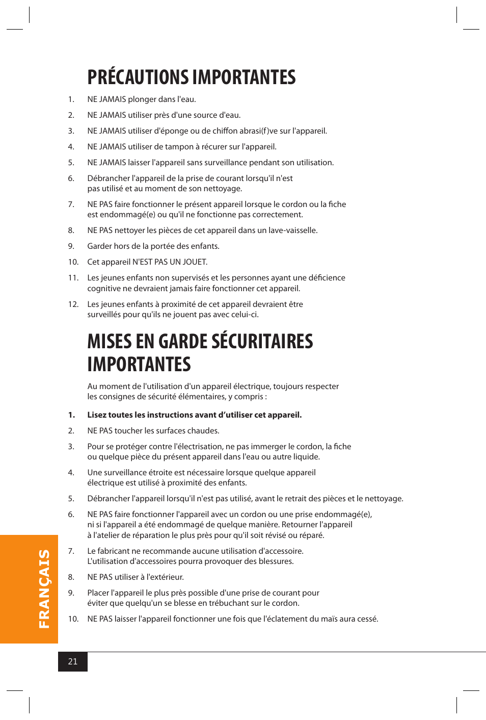 Précautions importantes, Mises en garde sécuritaires importantes | Nostalgia Electrics MHP310 KIT User Manual | Page 23 / 30