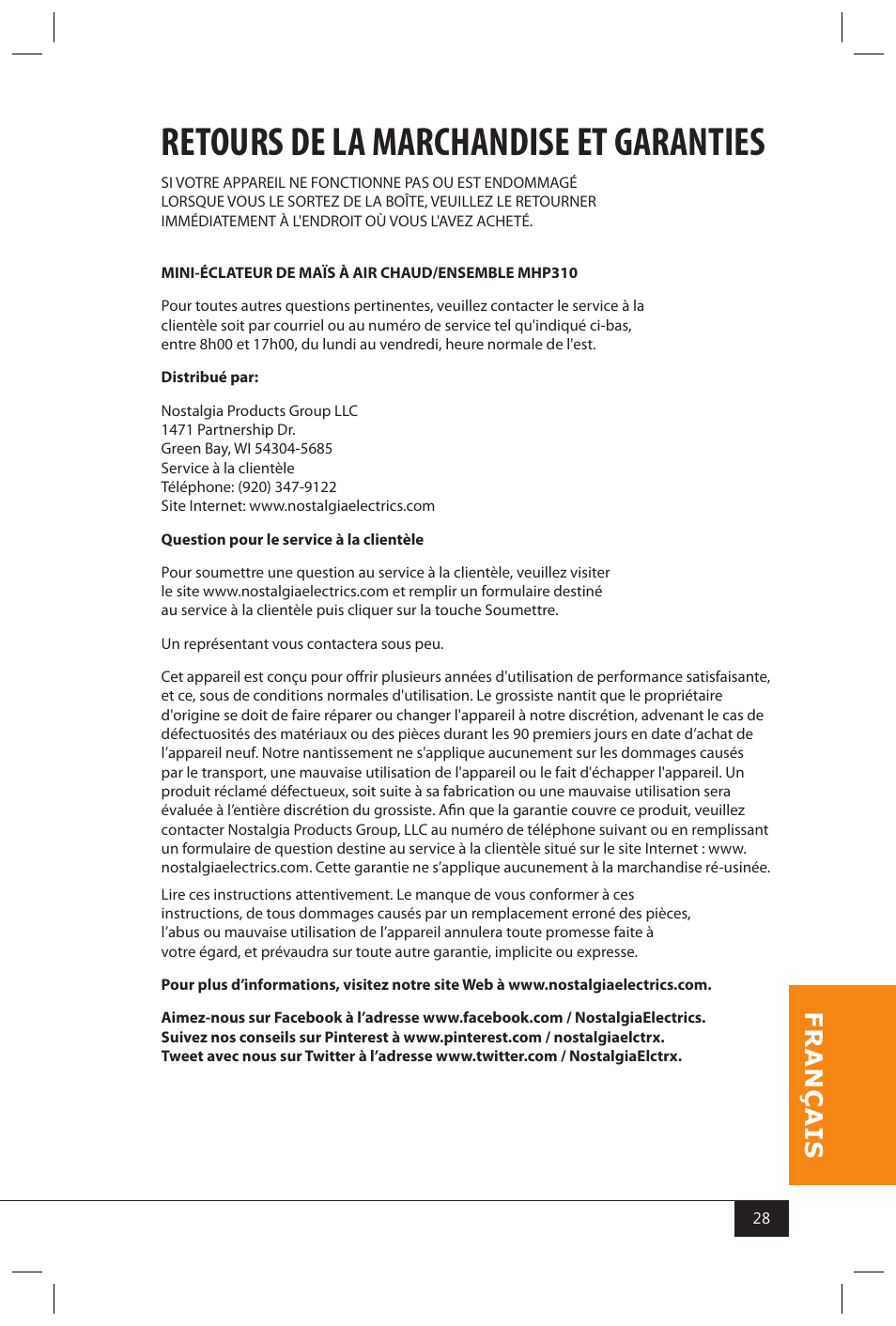 Retours de la marchandise et garanties | Nostalgia Electrics MHP310 KIT User Manual | Page 30 / 30