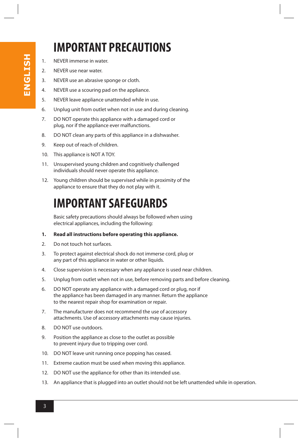 Important precautions, Important safeguards, En g li s h | Nostalgia Electrics MHP310 KIT User Manual | Page 5 / 30