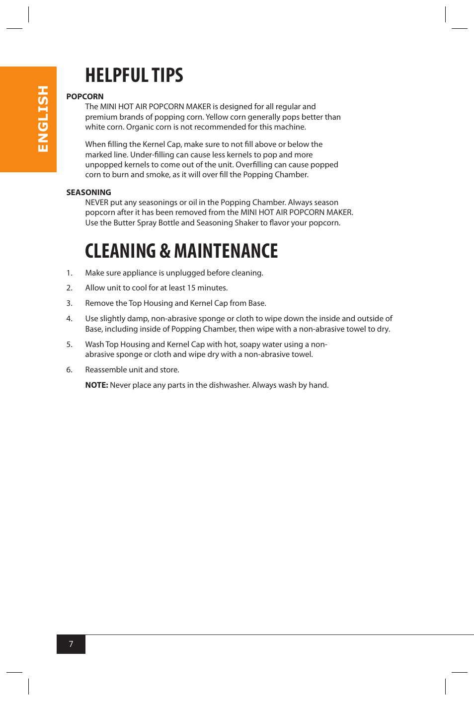 Helpful tips, Cleaning & maintenance, En g li s h | Nostalgia Electrics MHP310 KIT User Manual | Page 9 / 30