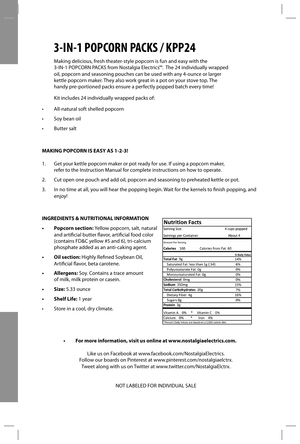 In-1 popcorn packs / kpp24 | Nostalgia Electrics KPP24 User Manual | Page 2 / 2