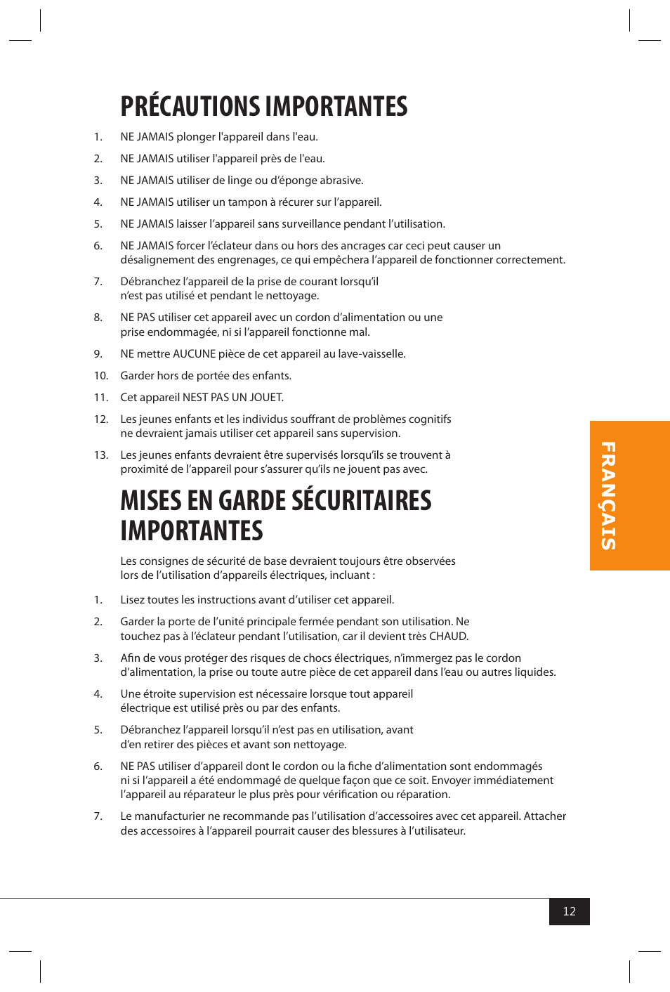 Précautions importantes, Mises en garde sécuritaires importantes | Nostalgia Electrics SERIES KPM508 User Manual | Page 14 / 32