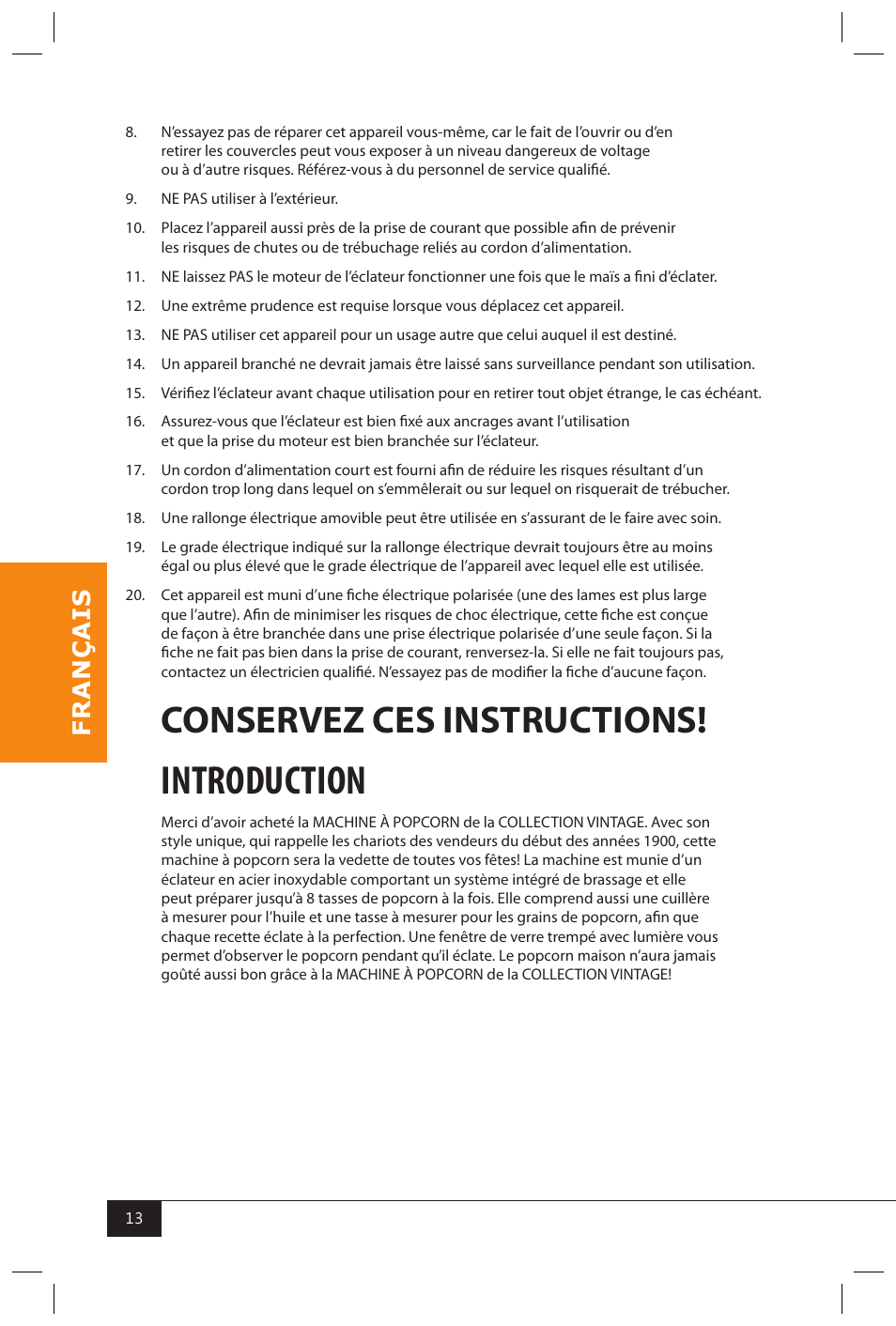 Introduction, Conservez ces instructions | Nostalgia Electrics SERIES KPM508 User Manual | Page 15 / 32