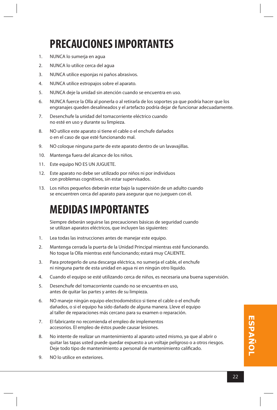 Precauciones importantes, Medidas importantes | Nostalgia Electrics SERIES KPM508 User Manual | Page 24 / 32