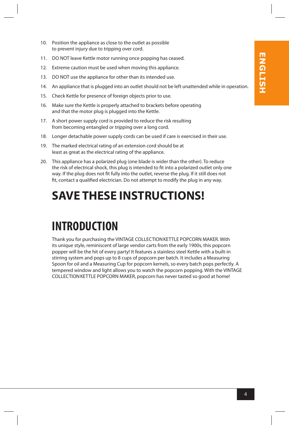 Introduction, Save these instructions, En g li s h | Nostalgia Electrics SERIES KPM508 User Manual | Page 6 / 32