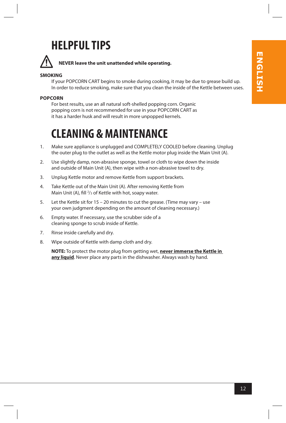 Helpful tips, Cleaning & maintenance, En g li s h | Nostalgia Electrics KPM200 CART User Manual | Page 14 / 18