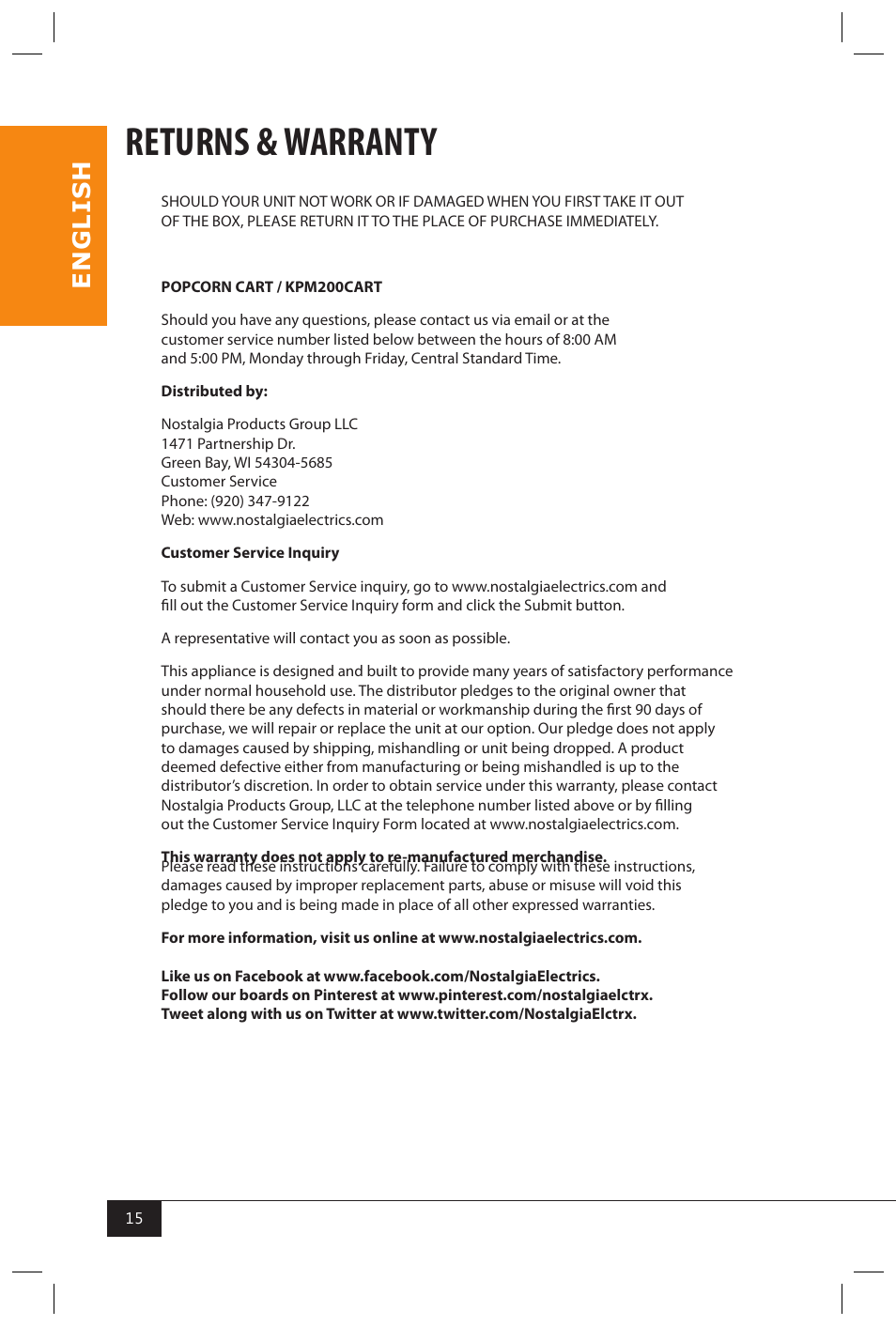 Returns & warranty, En g li s h | Nostalgia Electrics KPM200 CART User Manual | Page 17 / 18