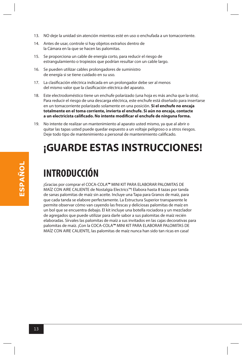 Guarde estas instrucciones! introducción | Nostalgia Electrics RHP310 COKEKIT User Manual | Page 15 / 31
